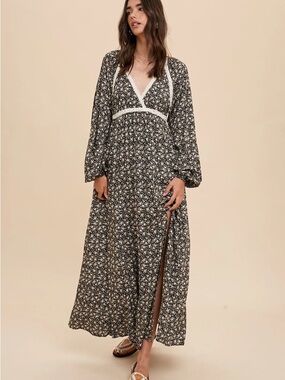 Black Floral Maxi Dress with White Lace Trim and Side Slit